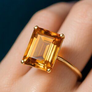 Vintage 1950s Gold & 25 Carat Citrine Emerald Cut Cocktail Ring Sz 7 Fine Estate